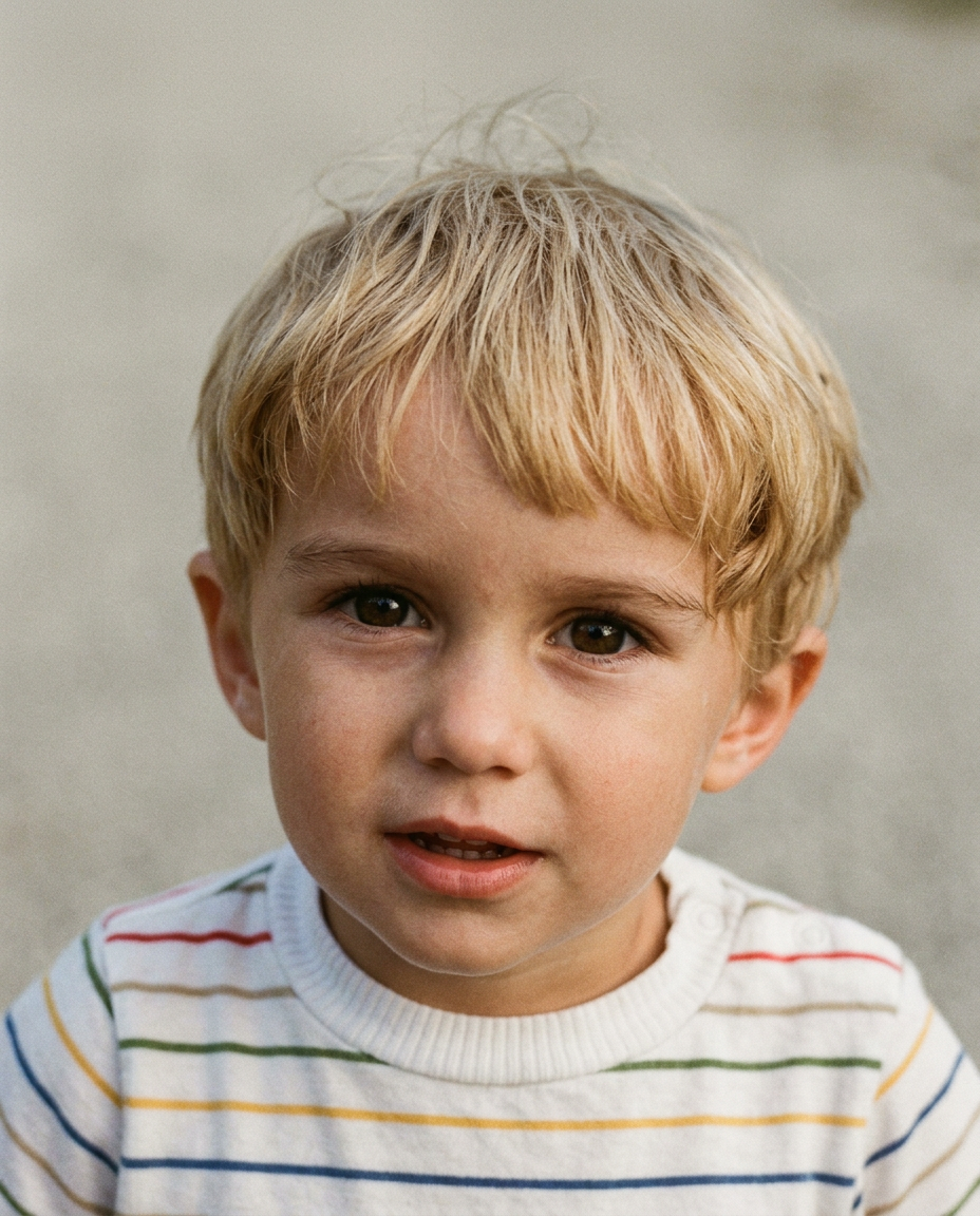 A childhood photo of a young boy in a striped shirt